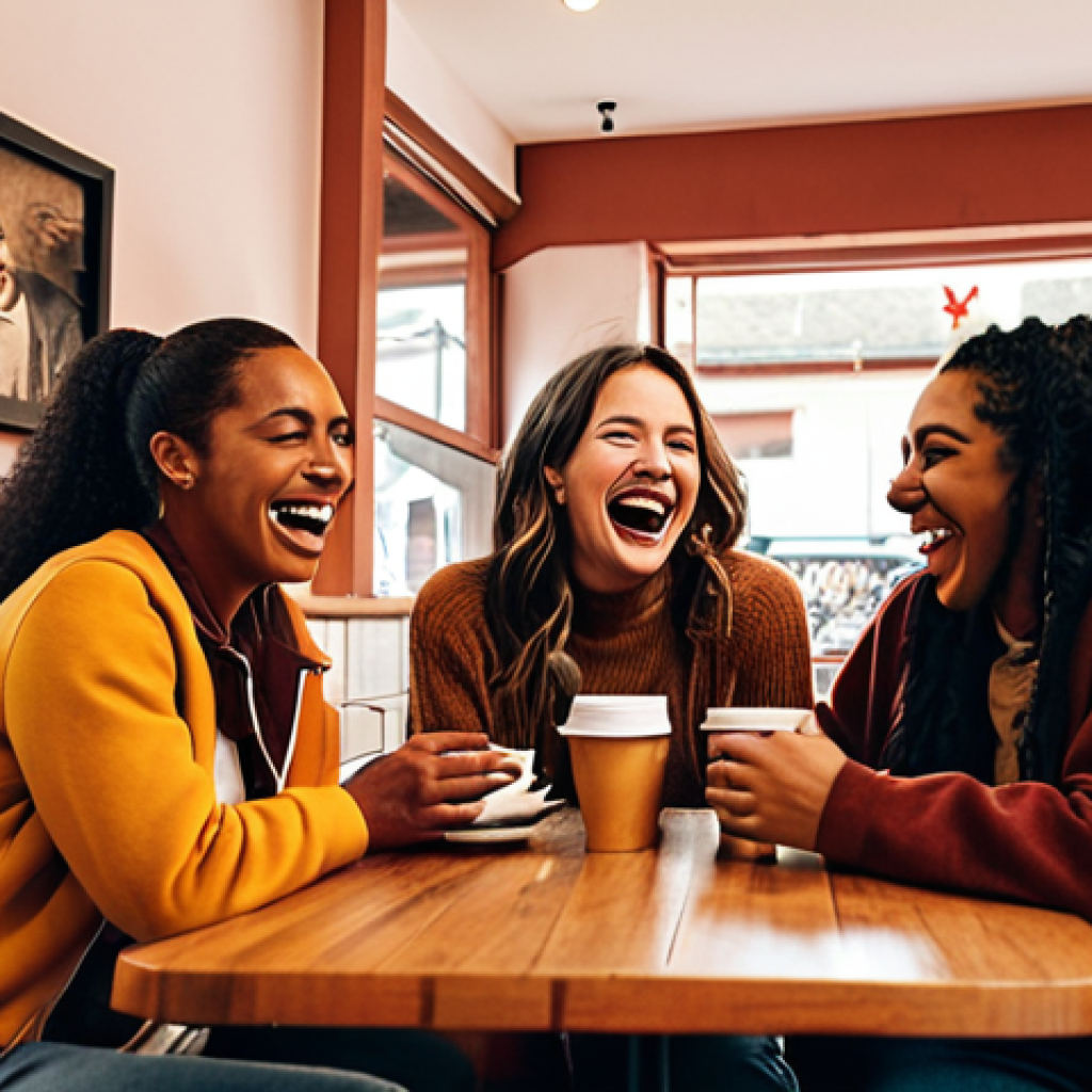 **A group of diverse friends laughing together in a cozy café.** This should emphasize strong social connections and the feeling of support and belonging. Consider a warm, inviting color palette.