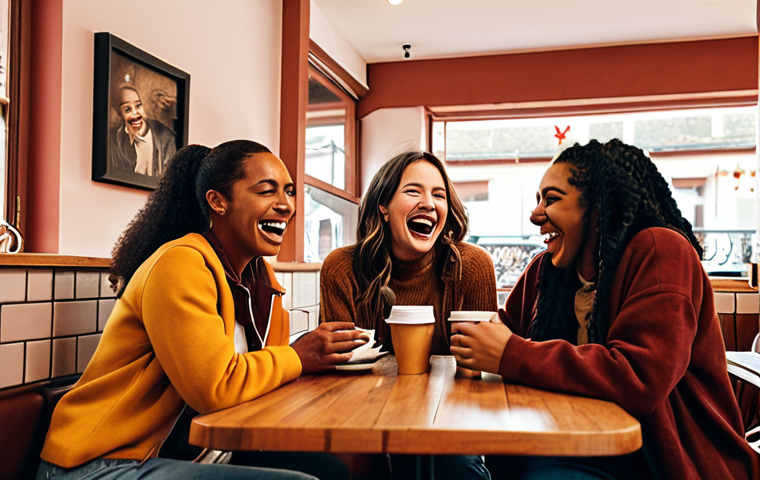 **A group of diverse friends laughing together in a cozy café.** This should emphasize strong social connections and the feeling of support and belonging. Consider a warm, inviting color palette.